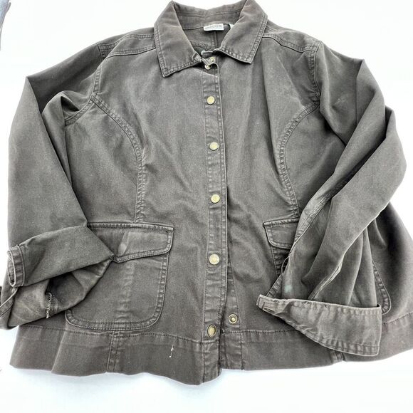 Chico's 3 XL Jean Jacket Brown Embroidered Back Studded Denim Pockets Stretch - Picture 1 of 5